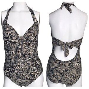 Seafolly Halter Tie Leaf Tropical Print Swimsuit High Cut sz 6